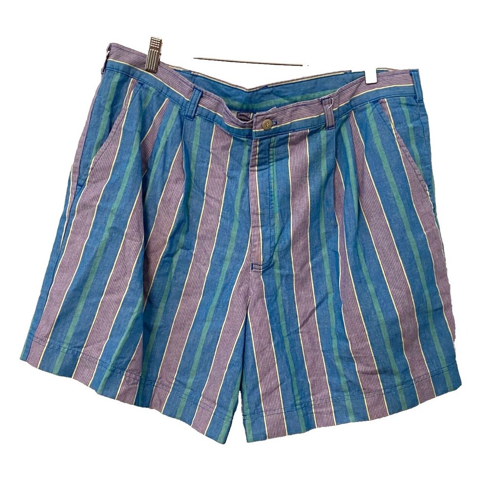 Vtg JANTZEN Sport Men's 40 Shorts Pleated Cotton Striped Blue Purple Retro 90's